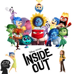 Puede incluir: Una ilustración colorida de los personajes de la película Inside Out de Disney Pixar. Los personajes son Alegría, Tristeza, Miedo, Ira, Asco, Bing Bong y Riley. El título de la película está escrito en letras negras debajo de los personajes.