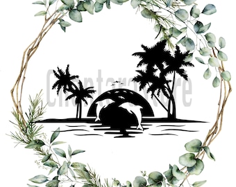 Dolphin Palm Tree Sunset - Instant Digital Download - svg, png, dxf, and eps files included! Vacation, Summer, Tropical, Ocean