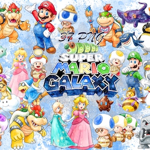 May include: Watercolor illustrations of characters from the Super Mario Galaxy video game. The image features Mario, Luigi, Princess Peach, Bowser, and other characters. The text "37 PNG" is visible.
