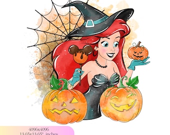 Cute little mermaid clipart Ariel, Halloween princess ariel png, the little mermaid png, watercolor background, instant