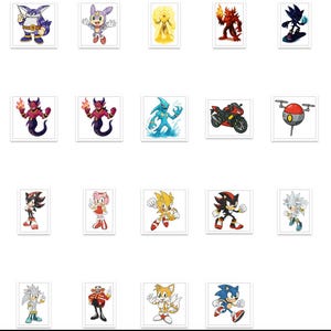 May include: A selection of character illustrations from the Sonic the Hedgehog video game series. The images feature Sonic, Tails, Knuckles, Shadow, and other characters, plus a green emerald and a golden ring.