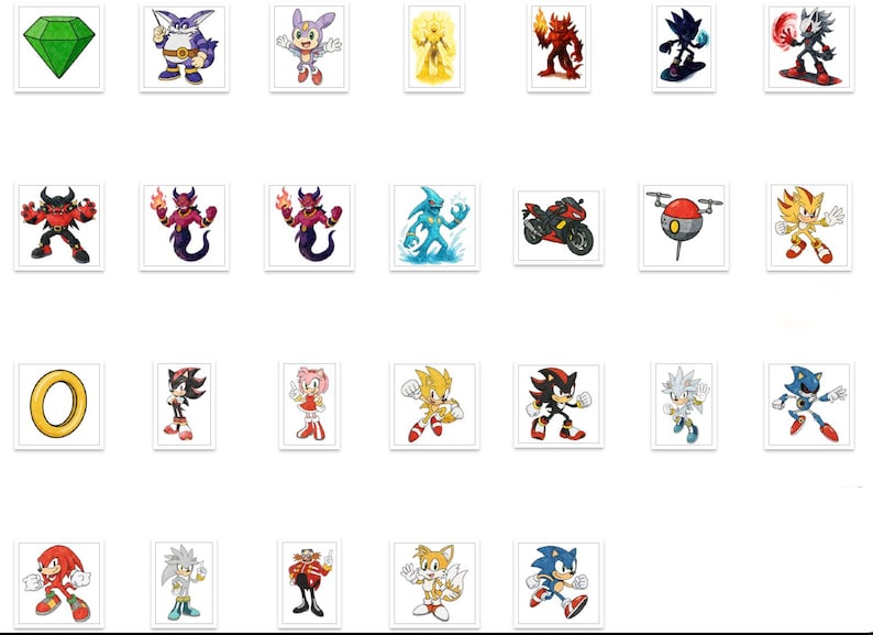 May include: A selection of character illustrations from the Sonic the Hedgehog video game series. The images feature Sonic, Tails, Knuckles, Shadow, and other characters, plus a green emerald and a golden ring.