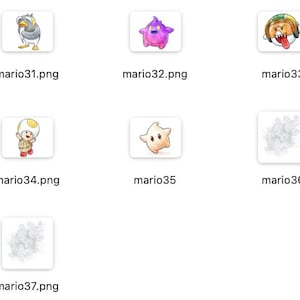 May include: Collection of cartoon character icons, including a penguin, a purple star-shaped creature, a character with a green and yellow hat, a character with a white mushroom-shaped head, a star, and abstract cloud-like shapes. Each icon is on a white background.
