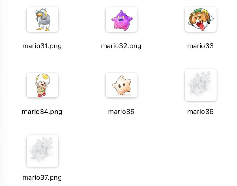 May include: Collection of cartoon character icons, including a penguin, a purple star-shaped creature, a character with a green and yellow hat, a character with a white mushroom-shaped head, a star, and abstract cloud-like shapes. Each icon is on a white background.