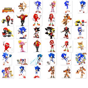 May include: A collage of various characters from the Sonic Boom video game series. The characters include Sonic, Tails, Knuckles, Amy, Shadow, Eggman, and Sticks. The characters are depicted in various poses and expressions.