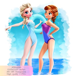Può includere: Illustrazione di due personaggi dei cartoni animati in costume da bagno. Un personaggio indossa un costume da bagno azzurro e l'altro un costume da bagno viola e blu. Sono in piedi nell'acqua con un anello gonfiabile blu. Lo sfondo è un acquerello blu.