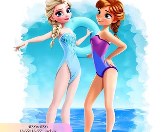 Frozen Anna and Elsa Pool Party clipart, Frozen PNG, Elsa Png, Frozen Characters, Summer Png, Frozen Birthday, Instant download