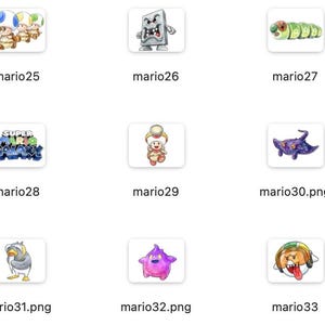 May include: A collection of watercolor illustrations featuring characters and logos from the Super Mario video game series. The images include various characters like Toads, a Goomba, a caterpillar, and a manta ray, along with the Super Mario Galaxy logo.