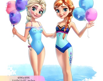 Frozen Anna and Elsa Pool Party clipart, Frozen PNG, Elsa Png, Frozen Characters, Summer Png, Frozen Birthday, Instant download
