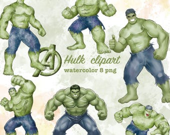 Hulk clipart watercolor bundle: Superhero hulk, Printable Transparent PNG for T-Shirt, Poster, Sublimation