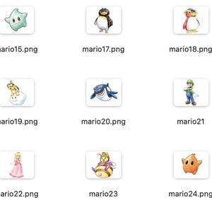 May include: A collection of nine watercolor illustrations of characters from the Super Mario video game series. The characters include a star, penguins, a turtle on a cloud, a shark, Luigi, Princess Peach, a bee, and a star.