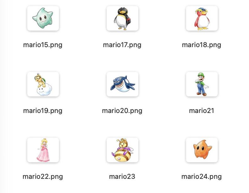 May include: A collection of nine watercolor illustrations of characters from the Super Mario video game series. The characters include a star, penguins, a turtle on a cloud, a shark, Luigi, Princess Peach, a bee, and a star.