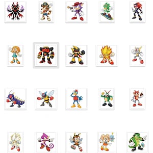 May include: A collection of framed illustrations featuring various characters from the Sonic the Hedgehog franchise. The characters are depicted in action poses and various outfits, with a range of colours and designs.