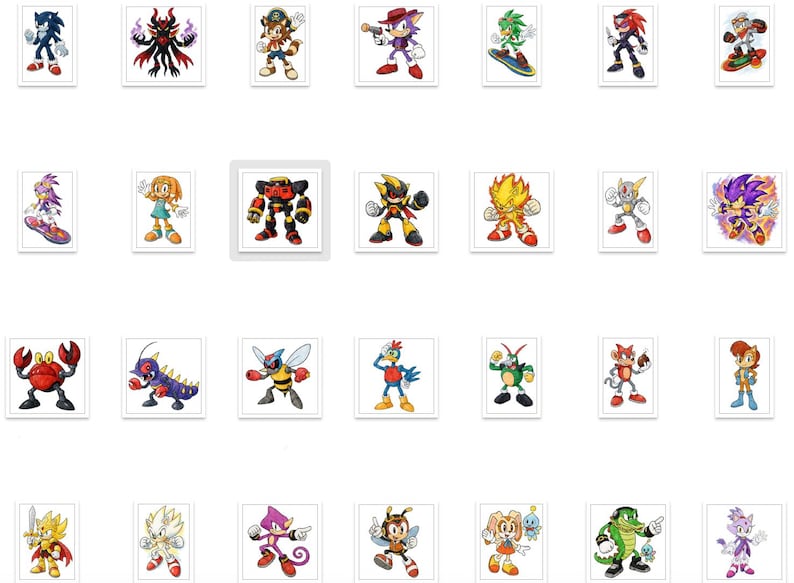 May include: A collection of framed illustrations featuring various characters from the Sonic the Hedgehog franchise. The characters are depicted in action poses and various outfits, with a range of colours and designs.