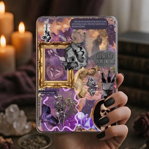 May include: A clear phone case with a collage design featuring a skull, butterflies, and a gold frame. The case has a purple and white color scheme with the text "I'll see you in my dreams".