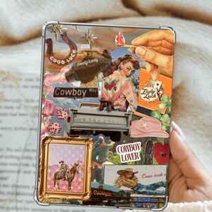 May include: A clear phone case with a collage design featuring vintage cowboy-themed imagery. The design includes a horseshoe, a pink cowboy hat, a vintage truck, and a pin-up girl. The case has a clear border and is held by a person wearing a white jumper.