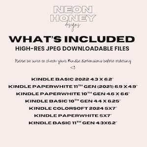 K&ouml;nnte beinhalten: Ein digitales Produktbild mit dem Text "NEON HONEY designs" und "WHAT'S INCLUDED". Es listet hochaufl&ouml;sende, herunterladbare JPEG-Dateien auf, einschlie&szlig;lich Kindle-Gr&ouml;&szlig;en: 10,9 x 15,7 cm, 17,5 x 12,4 cm, 11,7 x 16,8 cm, 11,2 x 15,9 cm, 12,7 x 17,8 cm und 10,9 x 15,7 cm.