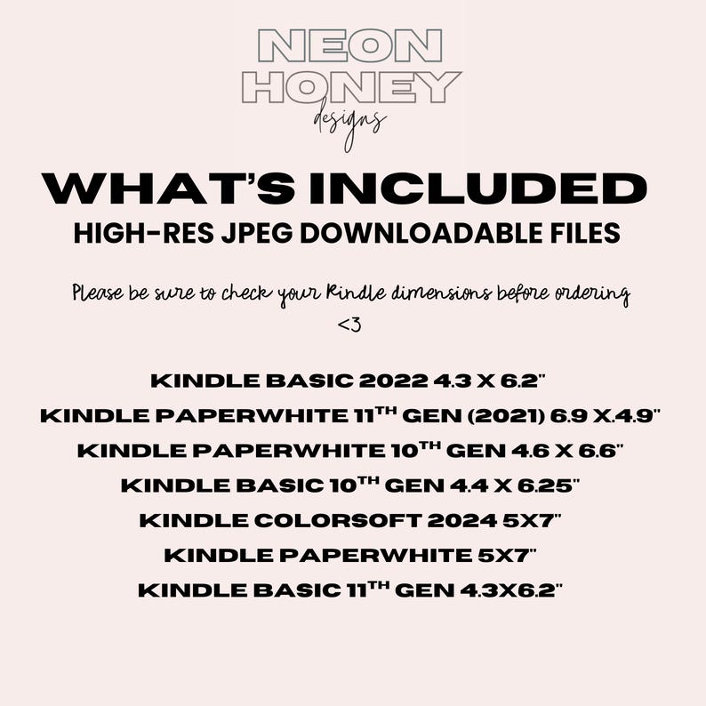 K&ouml;nnte beinhalten: Ein digitales Produktbild mit dem Text "NEON HONEY designs" und "WHAT'S INCLUDED". Es listet hochaufl&ouml;sende, herunterladbare JPEG-Dateien auf, einschlie&szlig;lich Kindle-Gr&ouml;&szlig;en: 10,9 x 15,7 cm, 17,5 x 12,4 cm, 11,7 x 16,8 cm, 11,2 x 15,9 cm, 12,7 x 17,8 cm und 10,9 x 15,7 cm.