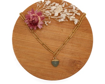 Stainless steel heart pendant necklace, aventurine heart stone, rectangle mesh necklace