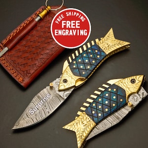 Blue Fish Pocket Knife, FREE Personalization, Handmade Damascus Folding Knives, Engraved Gift for Groomsmen, Hiking, Christmas gift for him