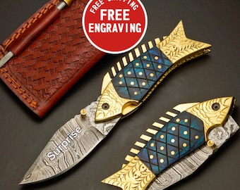 Blue Fish Pocket Knife, FREE Personalization, Handmade Damascus Folding Knives, Engraved Gift for Groomsmen, Hiking, Christmas gift for him