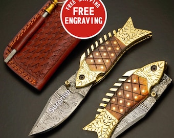 Damascus Fish Pocket Knife, FREE Engraving, Handmade Folding Knives, Personalized Gift for Boyfriend, Christmas, New Year gift