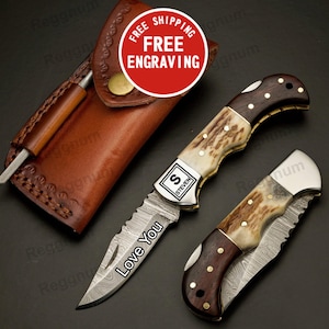 Handmade Stag Horn Damascus Pocket Knife, Deer Antler Folding Knife, FREE Engraving, Personalized Gift for Him, Wedding Gift. Valentines Day
