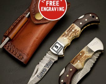 Handmade Stag Horn Damascus Pocket Knife, Deer Antler Folding Knife, FREE Engraving, Personalized Gift for Him, Wedding Gift. Valentines Day
