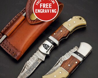 Campfire Damascus Pocket knife, Handmade Camper Folding knives, Personalized Camping gift for outdoor, Hunter, Engraved gift, Free Engraving