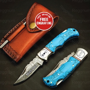 Gemstone Damascus Pocket Knife, Handmade Turquoise Stone Handle Folding knife, Luxury gift for Men, Wedding, Anniversary, Boyfriend, Grandpa