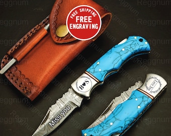 Gemstone Damascus Pocket Knife, Handmade Turquoise Stone Handle Folding knife, Luxury gift for Men, Wedding, Anniversary, Boyfriend, Grandpa