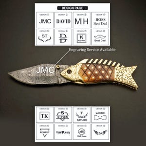 May include: A folding knife with a fish-shaped handle. The blade is engraved with "JMC". The handle features a wooden body with brass and bone accents. The image also shows design options for engraving, including names and initials.