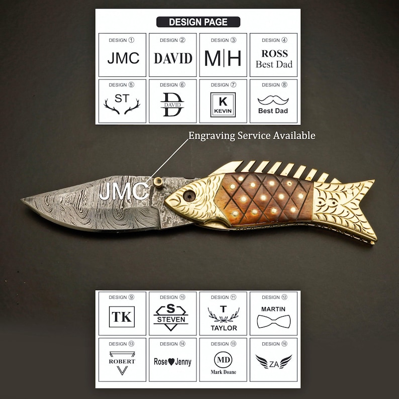 May include: A folding knife with a fish-shaped handle. The blade is engraved with "JMC". The handle features a wooden body with brass and bone accents. The image also shows design options for engraving, including names and initials.