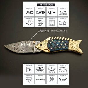 Blue Fish Pocket Knife, FREE Personalization, Handmade Damascus Folding Knives, Engraved Gift for Groomsmen, Hiking, Christmas gift for him