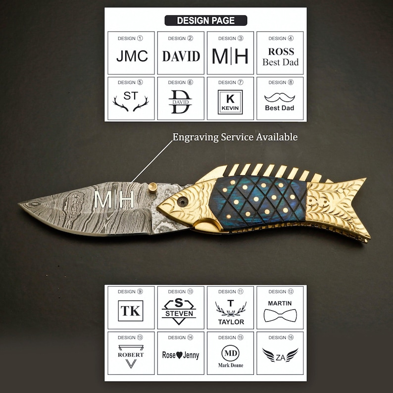 Blue Fish Pocket Knife, FREE Personalization, Handmade Damascus Folding Knives, Engraved Gift for Groomsmen, Hiking, Christmas gift for him