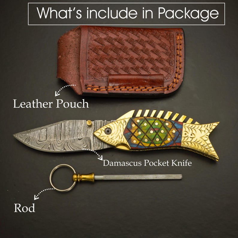 May include: A Damascus pocket knife in a fish shape with a decorative handle, a leather pouch, and a sharpening rod. The knife blade has a unique pattern. The text "What's include in Package" is at the top.