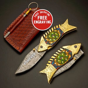 Personalized Fishing Pocket Knife – FREE Engraving, Handmade Damascus Folding Knives, Gift for adventure lover, Hunter, Boyfriend & Grandpa