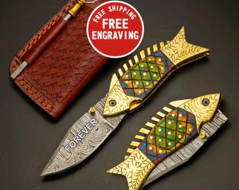 Personalized Fishing Pocket Knife – FREE Engraving, Handmade Damascus Folding Knives, Gift for adventure lover, Hunter, Boyfriend & Grandpa