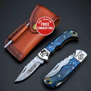 Personalized Damascus Fisherman Folding Knife, Handmade Engraved Pocket Knife, Fishing gift for Father’s Day, Birthday, Friend, Couples