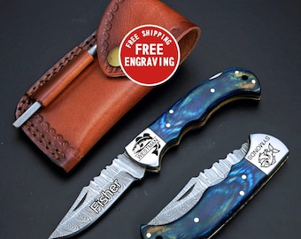 Personalized Damascus Fisherman Folding Knife, Handmade Engraved Pocket Knife, Fishing gift for Father’s Day, Birthday, Friend, Couples