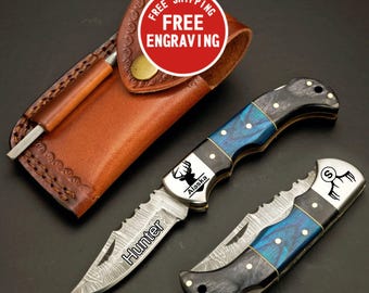 Hunter Damascus Pocket Knife, Handmade Personalized Folding Knife, Custom Engraved gift for Outdoor, Hunting, Adventure, Camping, Friends