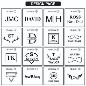 May include: A design page with 16 different design options. Each design is in a square and features text, initials, or symbols. The designs include names, initials, and phrases like "Best Dad."