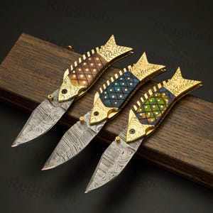 Damascus Fish Pocket Knife, FREE Engraving, Handmade Folding Knives, Personalized Gift for Boyfriend, Christmas, New Year gift image 11