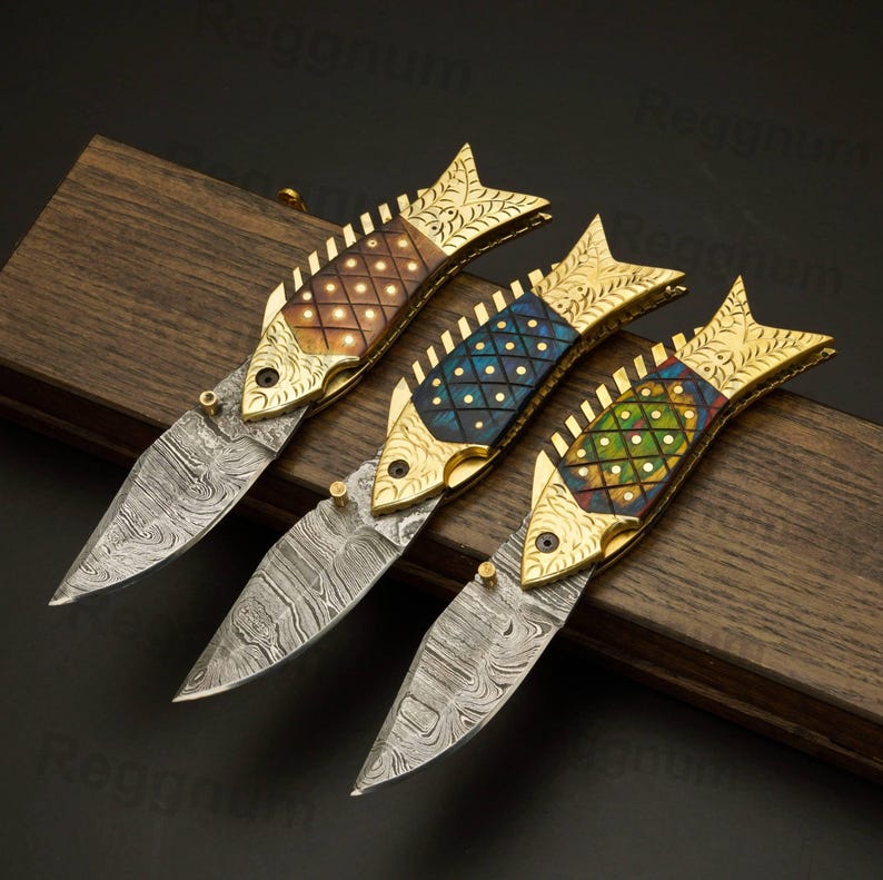 Damascus Fish Pocket Knife, FREE Engraving, Handmade Folding Knives, Personalized Gift for Boyfriend, Christmas, New Year gift image 11