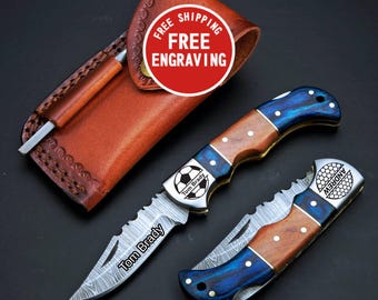 Custom Sports Pocket Knife, Handmade Damascus Folding Knife, Personalized Football Gift for him with Free Engraving, Baseball, Hockey, Golf