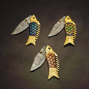 Damascus Fish Pocket Knife, FREE Engraving, Handmade Folding Knives, Personalized Gift for Boyfriend, Christmas, New Year gift image 13