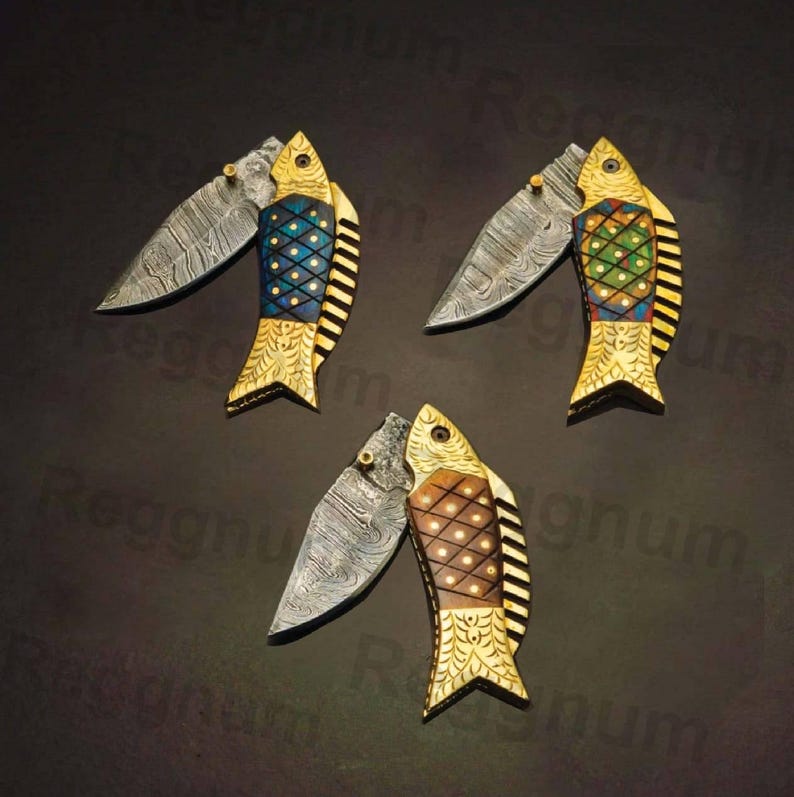 Damascus Fish Pocket Knife, FREE Engraving, Handmade Folding Knives, Personalized Gift for Boyfriend, Christmas, New Year gift image 13
