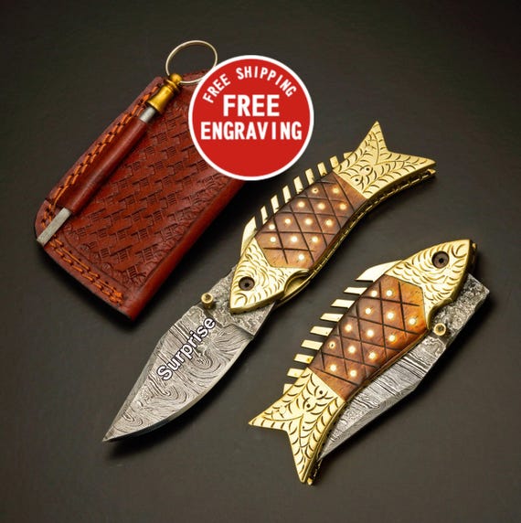 Damascus Fish Pocket Knife, FREE Engraving, Handmade Folding Knives, Personalized Gift for Boyfriend, Christmas, New Year gift