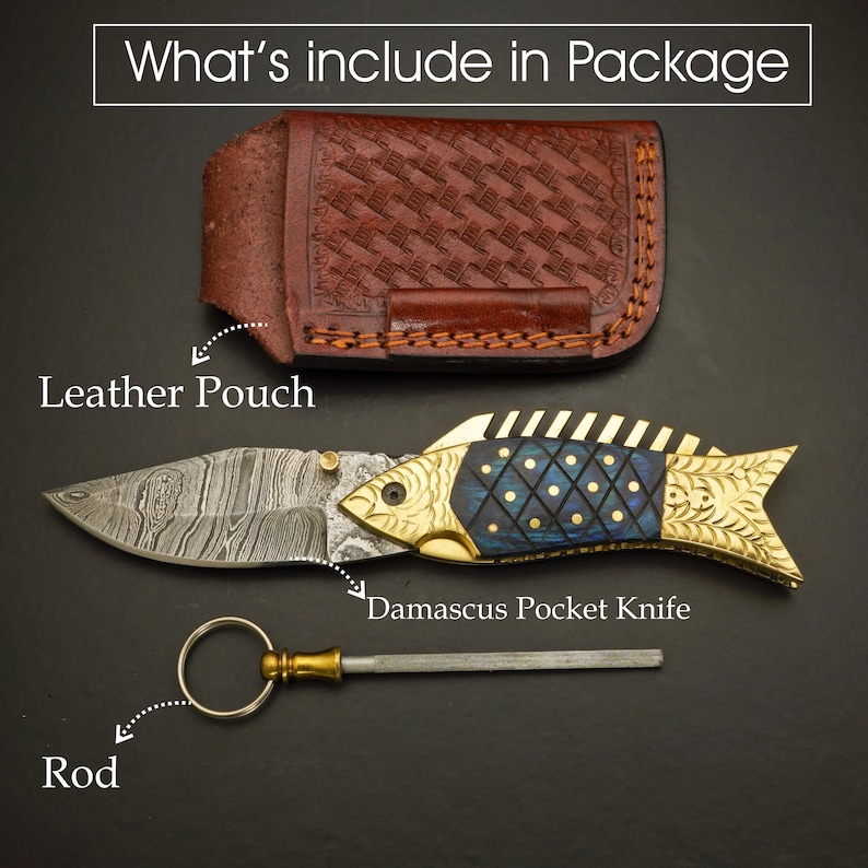 May include: A Damascus pocket knife with a fish-shaped handle, a leather pouch, and a rod. The knife blade has a unique pattern. The fish handle is gold and blue. The leather pouch is brown.