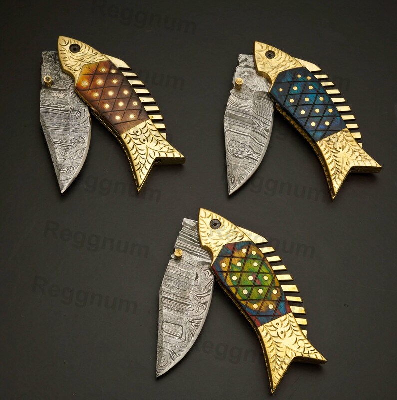 Damascus Fish Pocket Knife, FREE Engraving, Handmade Folding Knives, Personalized Gift for Boyfriend, Christmas, New Year gift image 12